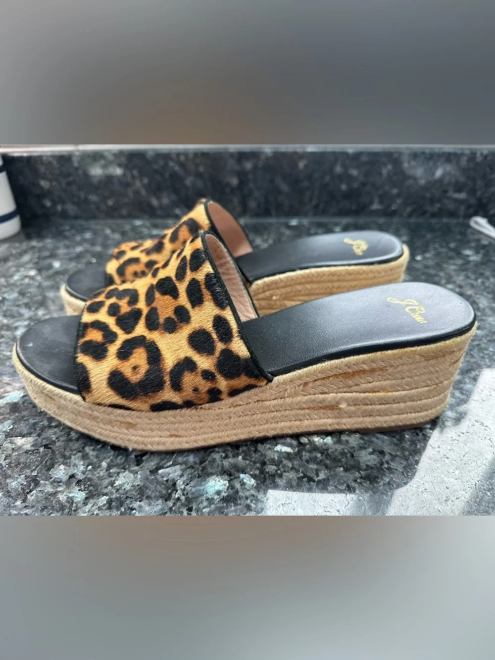 J. Crew Chic Wedge Heel Slide Sandals in Leopard Calf Hair Women’s Size 10